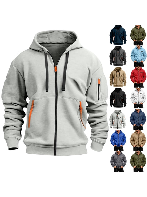 Hoodies for Men Cargo Solid Color Multiple Pockets Sports Ditness Training Long Sleeved Hooded Casual Jacket, Size S-4XL