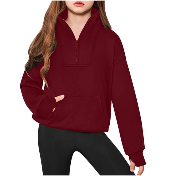 Admvng Hoodies for Teen Girls Mid To Large Age Winter Solid Color Half Zipper High Neck Hooded Sweatshirt(5-14years)