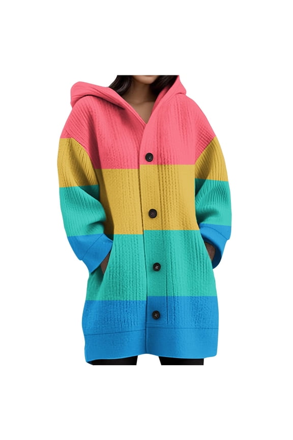 Hoodies for Women Casual Printed Long Sleeved Knitted Cardigan Button Up Hooded Warm Jacket Top, Size S-2XL