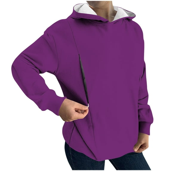 Admvng Hoodies for Women Fashionable Casual Long Sleeved Hooded Solid Breastfeeding Jacket Zipper Hooded Sweatshirt Top, Size S-2XL