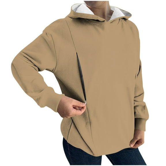 Admvng Hoodies for Women Fashionable Casual Long Sleeved Hooded Solid Breastfeeding Jacket Zipper Hooded Sweatshirt Top, Size S-2XL