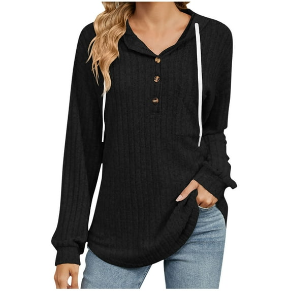 Admvng Hoodies for Women Solid Color Button Pocket Loose Long Sleeve Causal Hoodie, Size S-2XL