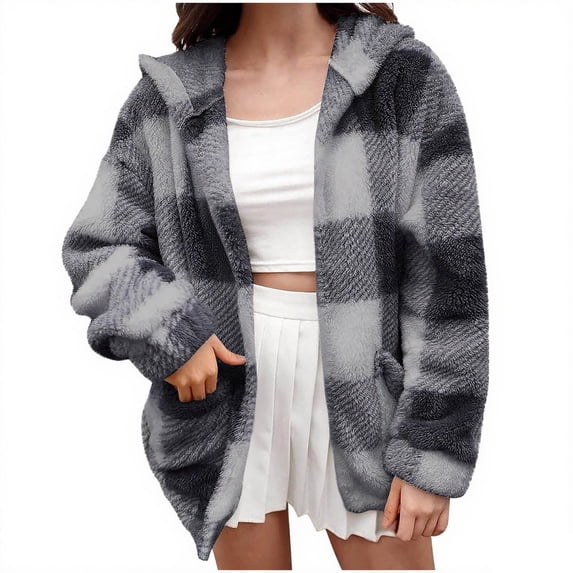Admvng Jacket for Women Plus Size Plaid Sherpa Collar Button Down Long Sleeve Shacket with Side Pockets