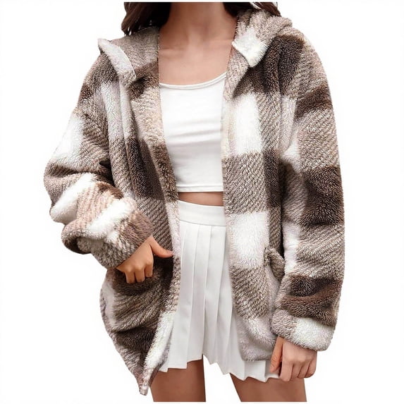Admvng Jacket for Women Plus Size Plaid Sherpa Collar Button Down Long Sleeve Shacket with Side Pockets