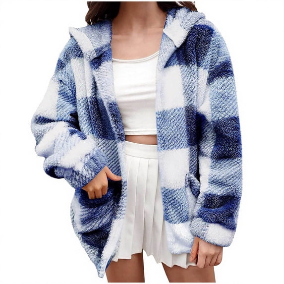 Admvng Jacket for Women Plus Size Plaid Sherpa Collar Button Down Long Sleeve Shacket with Side Pockets