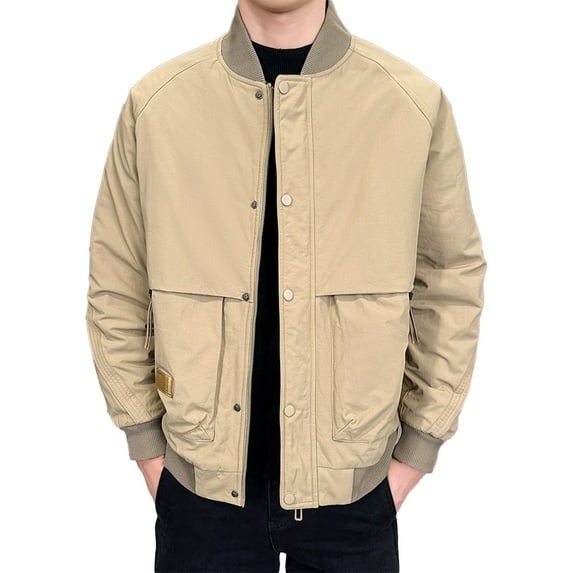 Admvng Jackets for Men Casual Stand Collar Zip Up Cargo Jacket Thickened Winter Coat Pockets for Daily Outdoor Wear Fleece Jacket L-5XL