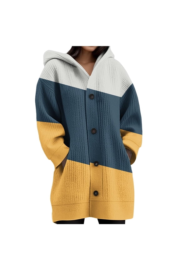 Jackets for Women Casual Printed Long Sleeved Knitted Cardigan Button Up Hooded Warm Jacket Top, Size S-2XL