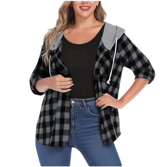 Admvng Jackets for Women Fall Classic Checkered Coat Button Hooded Tops, Size S-2XL