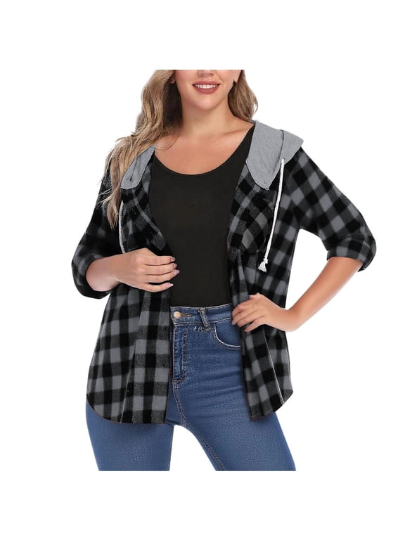 Jackets for Women Fall Classic Checkered Coat Button Hooded Tops, Size S-2XL
