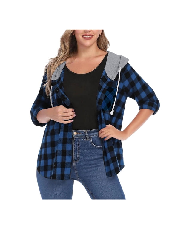 Jackets for Women Fall Classic Checkered Coat Button Hooded Tops, Size S-2XL