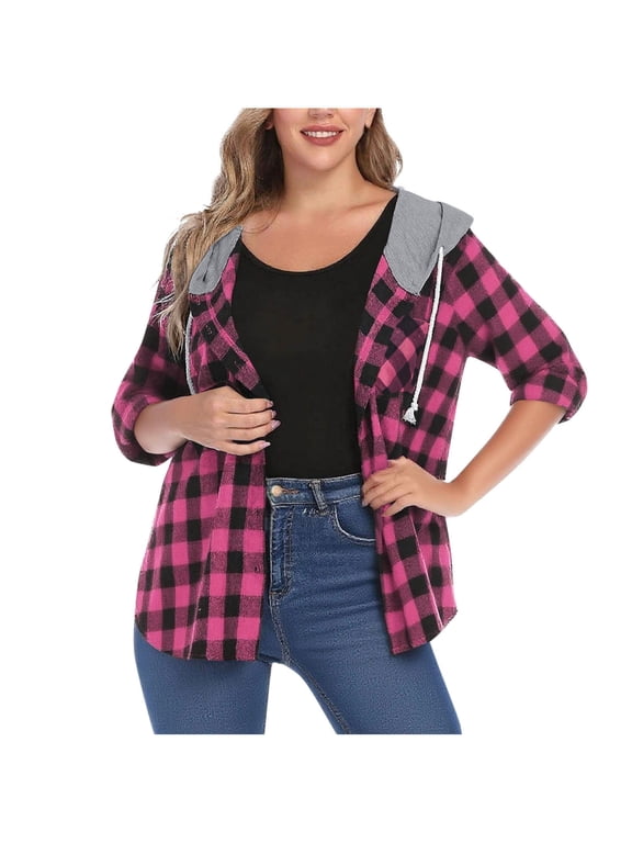 Jackets for Women Fall Classic Checkered Coat Button Hooded Tops, Size S-2XL