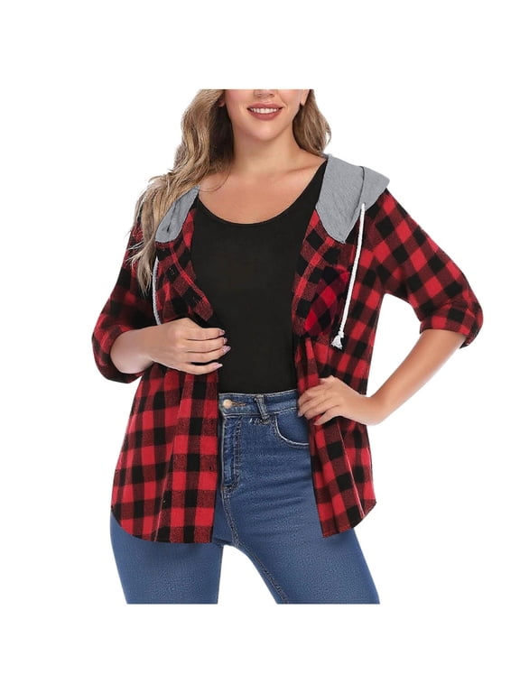 Jackets for Women Fall Classic Checkered Coat Button Hooded Tops, Size S-2XL