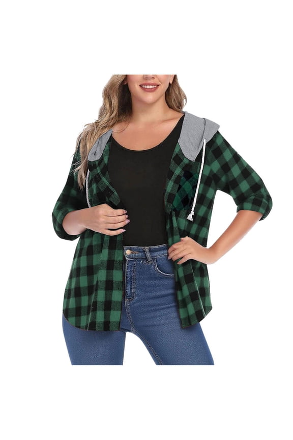 Jackets for Women Fall Classic Checkered Coat Button Hooded Tops, Size S-2XL