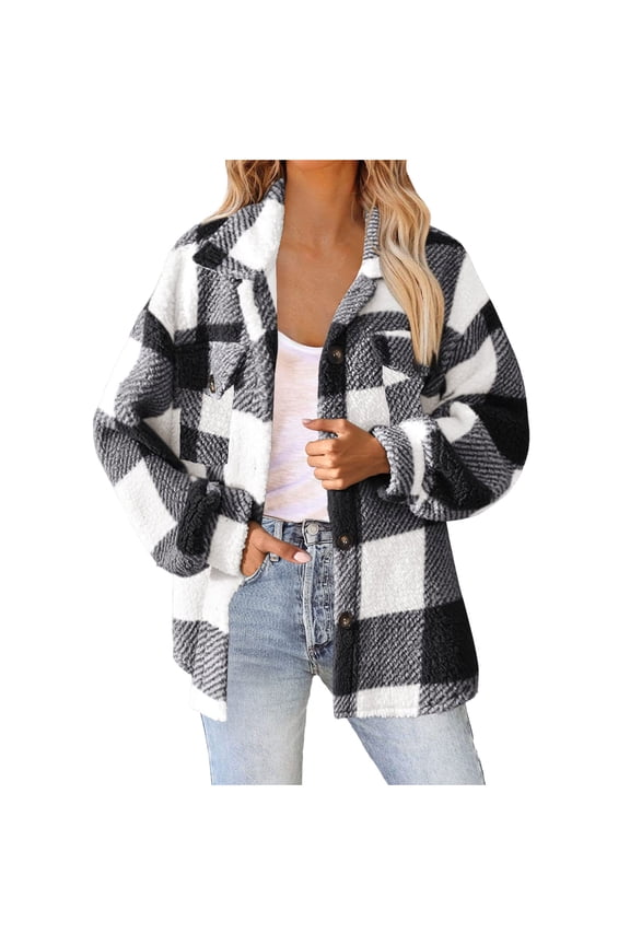 Admvng Jackets for Women Fall and Winter Classic Checkered Coat Button Pocket Cardigan, Size S-2XL