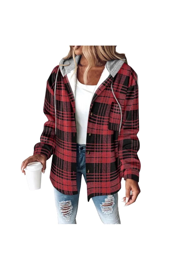 Jackets for Women Fall and Winter Classic Checkered Fleece Warm Coat Button Pocket Hooded, Size S-2XL
