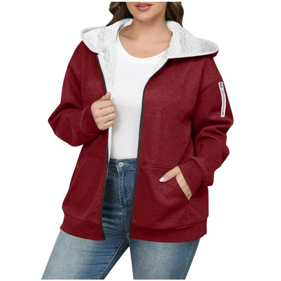 Admvng Jackets for Women Large Size Solid Color Zipper Hooded Plus Thickened Drop Shoulder Long Sleeve Winter Jackets for Women L-5XL