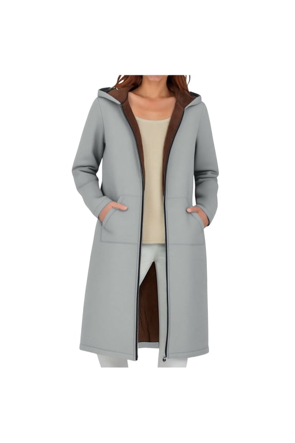 Admvng Jackets for Women Long Sleeved Composite Velvet Hooded Casual Long Coat Long Windproof Jacket, Size S-2XL