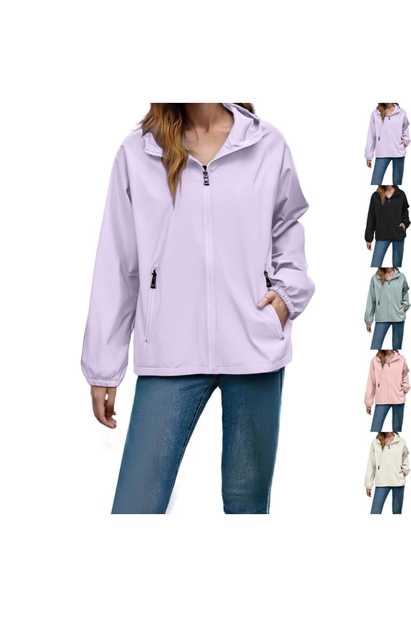 Jackets for Women Plus Size Waterproof Zipper Long Sleeve Hooded with Pockets Windbreaker Travel Jacket M-5XL
