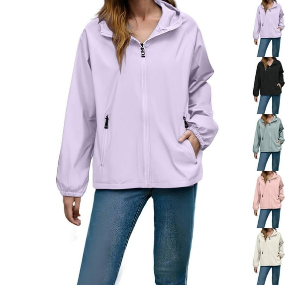 Admvng Jackets for Women Plus Size Waterproof Zipper Long Sleeve Hooded with Pockets Windbreaker Travel Jacket M-5XL