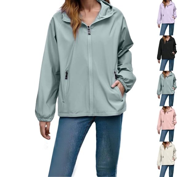 Admvng Jackets for Women Plus Size Waterproof Zipper Long Sleeve Hooded with Pockets Windbreaker Travel Jacket M-5XL