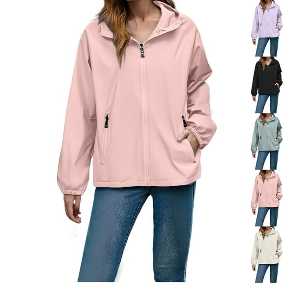 Admvng Jackets for Women Plus Size Waterproof Zipper Long Sleeve Hooded with Pockets Windbreaker Travel Jacket M-5XL