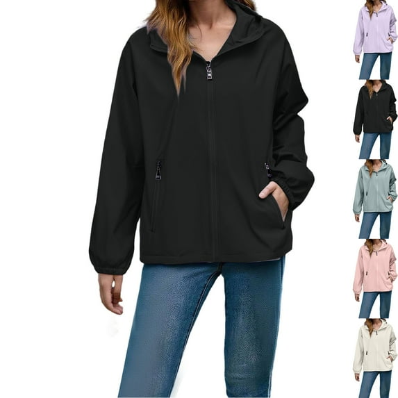 Admvng Jackets for Women Plus Size Waterproof Zipper Long Sleeve Hooded with Pockets Windbreaker Travel Jacket M-5XL
