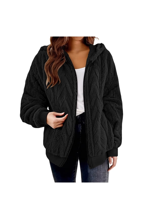 Admvng Jackets for Women Plush Fleece Long Sleeve Zip Hooded Jacket Casual Winter Outerwear, Size S-2XL