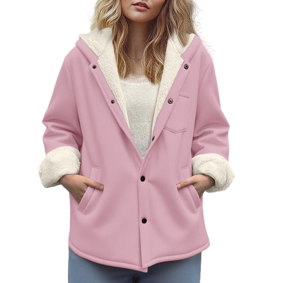 Admvng Jackets for Women Solid Color Composite Velvet Lining Fleece Warm Button Chest Long Sleeved Hooded Jacket with Pocket S-2XL
