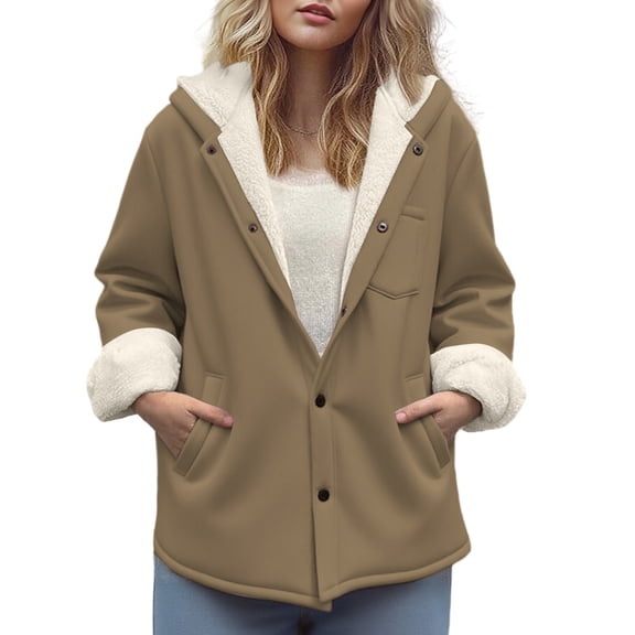 Admvng Jackets for Women Solid Color Composite Velvet Lining Fleece Warm Button Chest Long Sleeved Hooded Jacket with Pocket S-2XL