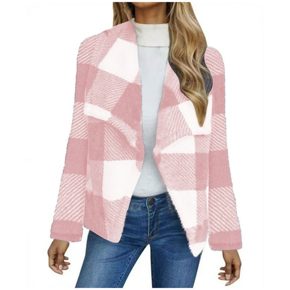 Admvng Jackets for Women Trendy Winter Double-sided Fleece Plaid Long Sleeved Jacket Cardigan Overcoat Top, Size S-2XL