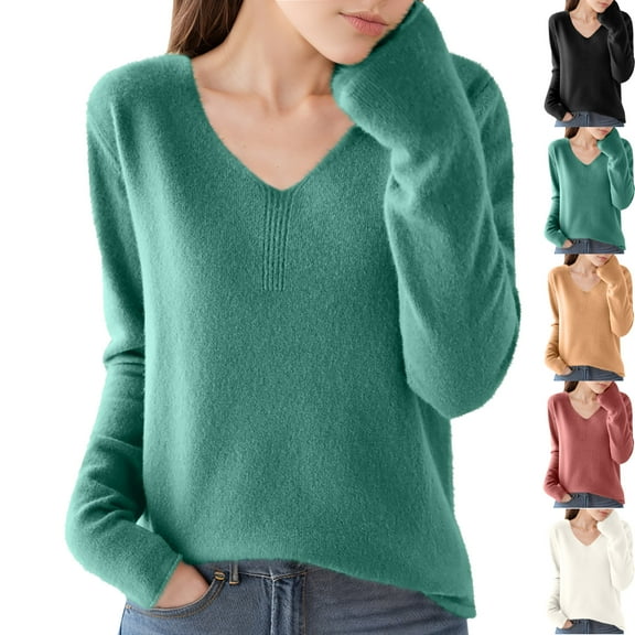 Admvng Light Sweaters for Women Solid Color Long Sleeved V-neck Knitted Fall and Winter Tops Lightweight Thin Sweater Tops S-2XL