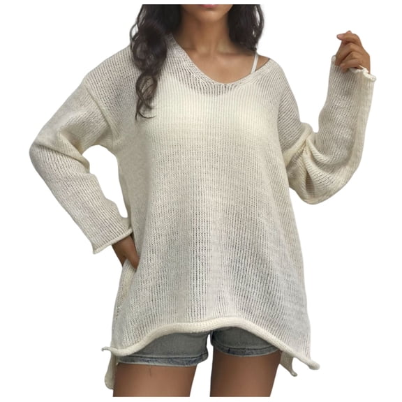 Admvng Light Sweaters for Women Solid Color V-neck Long Sleeved Rolled Pullover Sweater S-2XL
