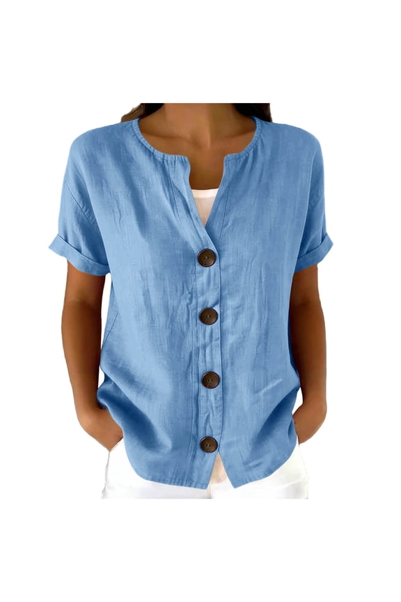 Linen Blouse for Women Notch Neck Short Sleeve Button Front Casual Tops