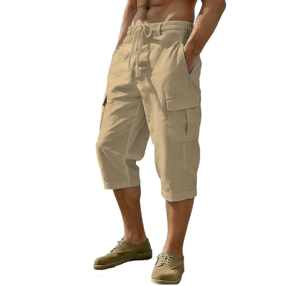 Admvng Linen Capri Pants for Men Elastic Waist with Drawstring Cropped Cargo Pants