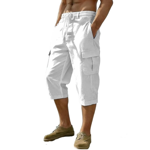 Admvng Linen Capri Pants for Men Elastic Waist with Drawstring Cropped Cargo Pants
