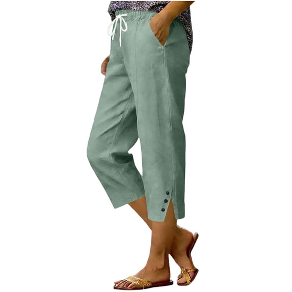 Admvng Linen Capri Pants for Women Elastic Drawstring Waist Comfy Pants with Pockets