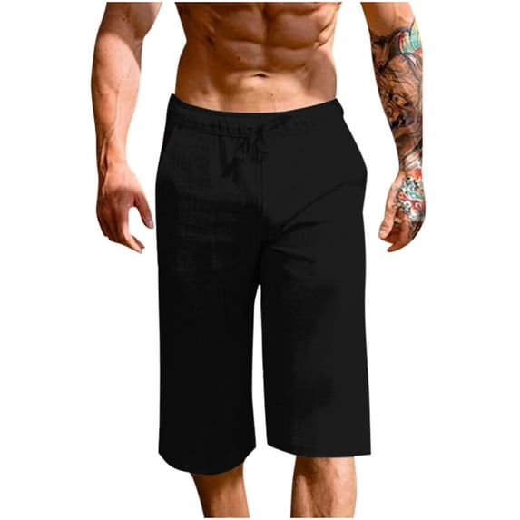 Admvng Linen Capris Pants for Men Solid Elastic Drawstring Waist Pocket Casual Cropped Pants