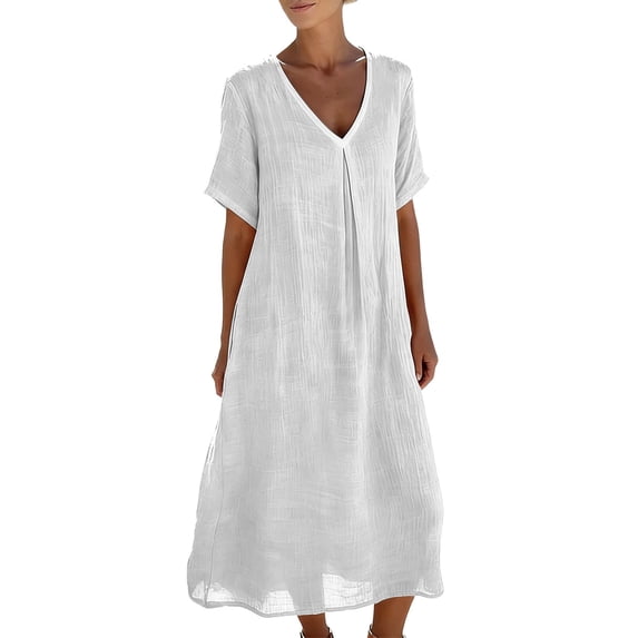 Admvng Linen Dress for Women Casual Short Sleeve V-neck High Waist Flowy Summer Dress with Pockets