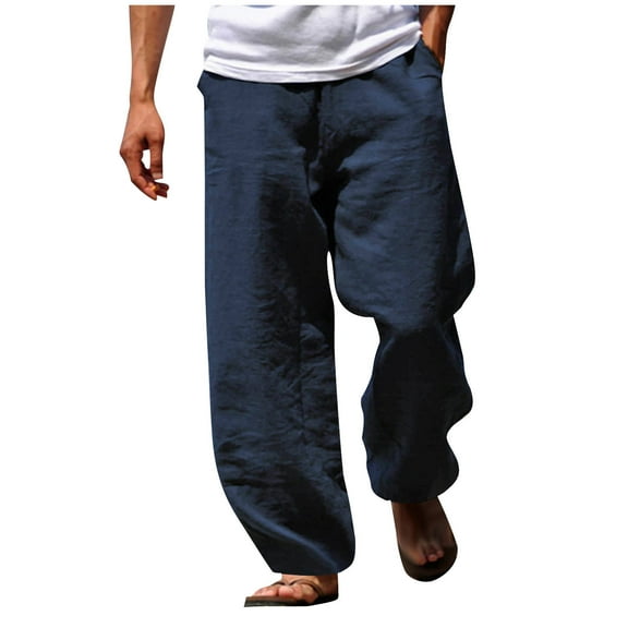 Admvng Linen Pants Men Solid Color Elastic Waist Drawstring Breathable Loose Beach Trousers with Zipper M-3XL