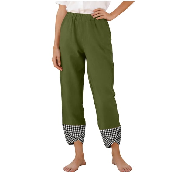 Admvng Linen Pants for Women Casual Solid Gingham Check Cuff Wide Leg Comfy Trouser