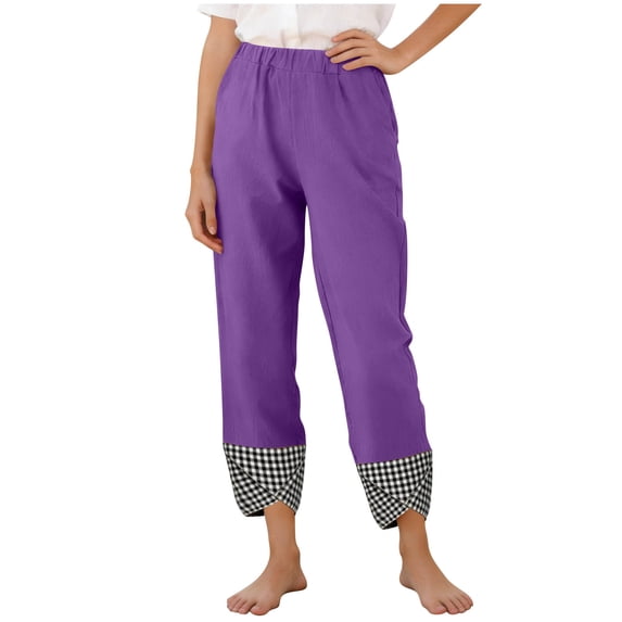 Admvng Linen Pants for Women Casual Solid Gingham Check Cuff Wide Leg Comfy Trouser