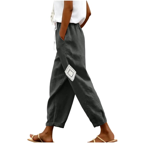 Admvng Linen Pants for Women Elastic Drawstring Waist Straight Leg Casual Soft Trousers with Pockets