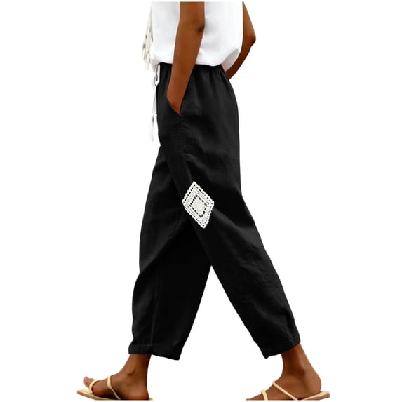 Admvng Linen Pants for Women Elastic Drawstring Waist Straight Leg Casual Soft Trousers with Pockets