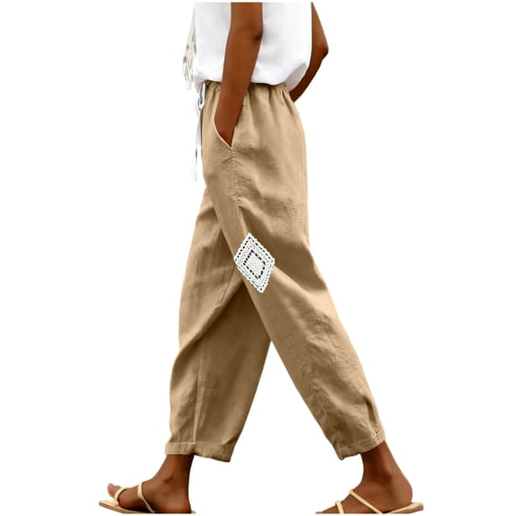 Admvng Linen Pants for Women Elastic Drawstring Waist Straight Leg Casual Soft Trousers with Pockets