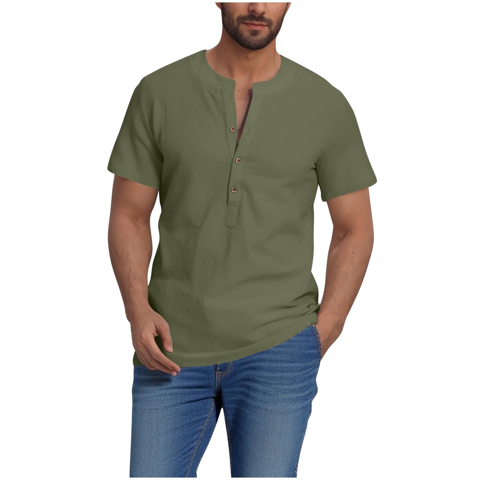 Admvng Linen Shirts for Men Comfy Solid Color Stand-up Collar Button ...