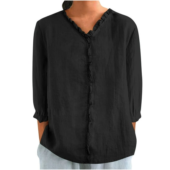 Admvng Linen Shirts for Women Summer V Neck Leisure Three-quarter Sleeve Solid Casual Loose Shirts S-2XL