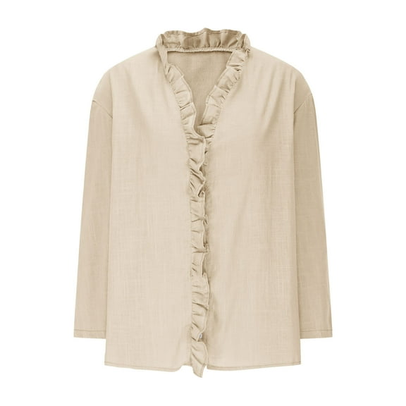 Admvng Linen Shirts for Women Summer V Neck Leisure Three-quarter Sleeve Solid Casual Loose Shirts S-2XL