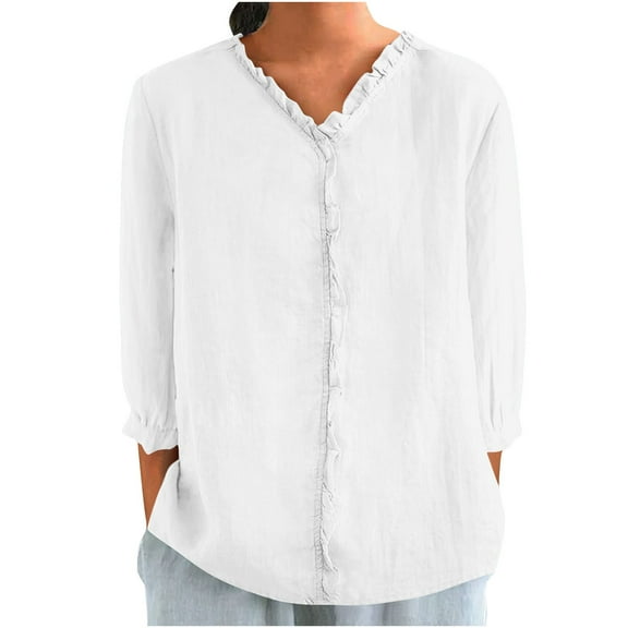 Admvng Linen Shirts for Women Summer V Neck Leisure Three-quarter Sleeve Solid Casual Loose Shirts S-2XL