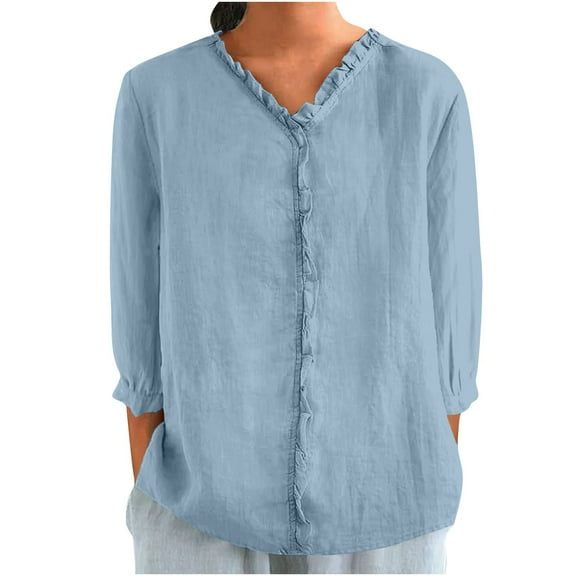Admvng Linen Shirts for Women Summer V Neck Leisure Three-quarter Sleeve Solid Casual Loose Shirts S-2XL