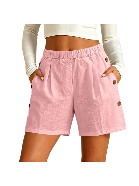 Linen Shorts for Women Elastic Waist Button Casual Summer Shorts